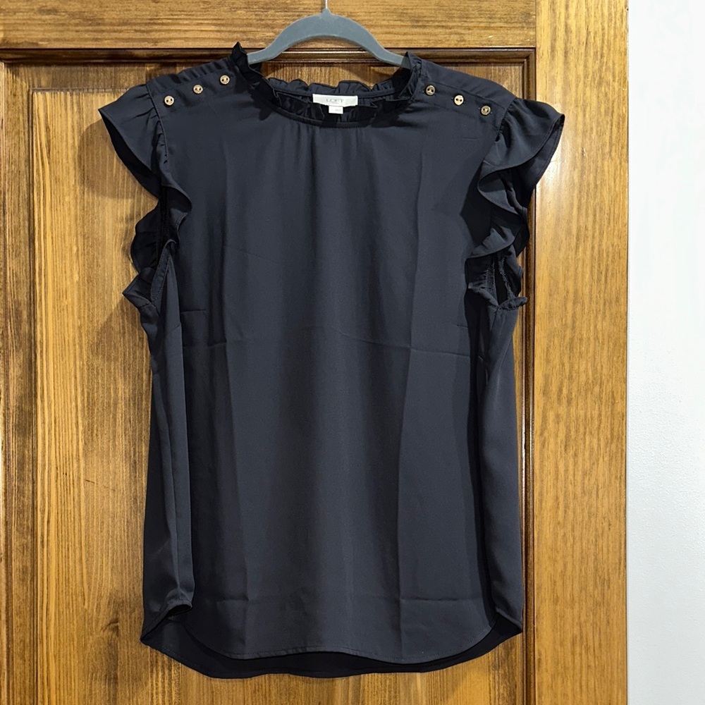 LOFT Black Ruffle Sleeve Button-Shoulder Blouse